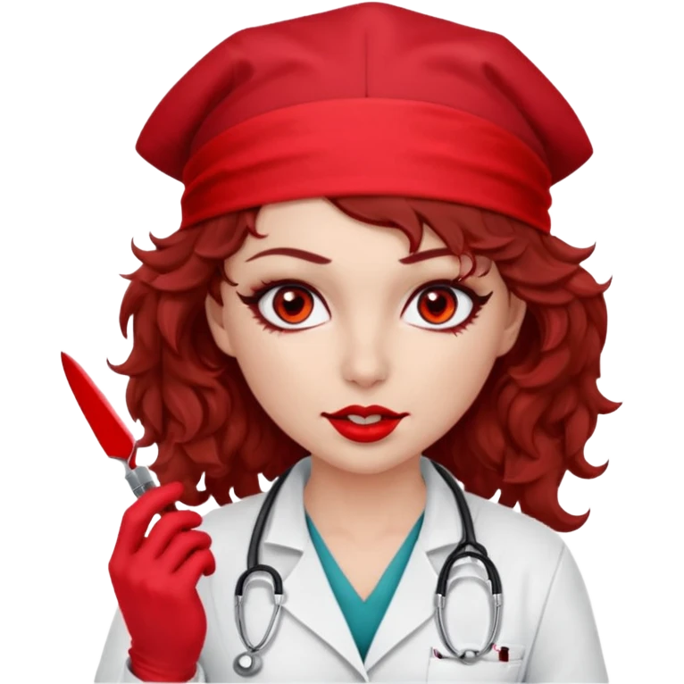 Lilith scalpel in hand, evil surgeon sexy surgeon clothes.  She has red eyes. Dark brown curly hair. Wears sexy doctor outfit with red gloves.covers her mouth necknose with red bandana to hide  her identity. Hair is long and brown hair is free but bandana must cover her mouth emoji