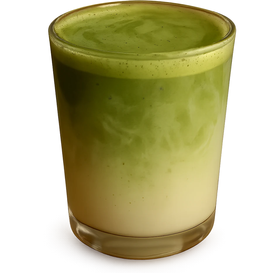 aesthetic matcha latte in a clear glass, showing a smooth green-to-milk gradient, cozy and inviting look emoji