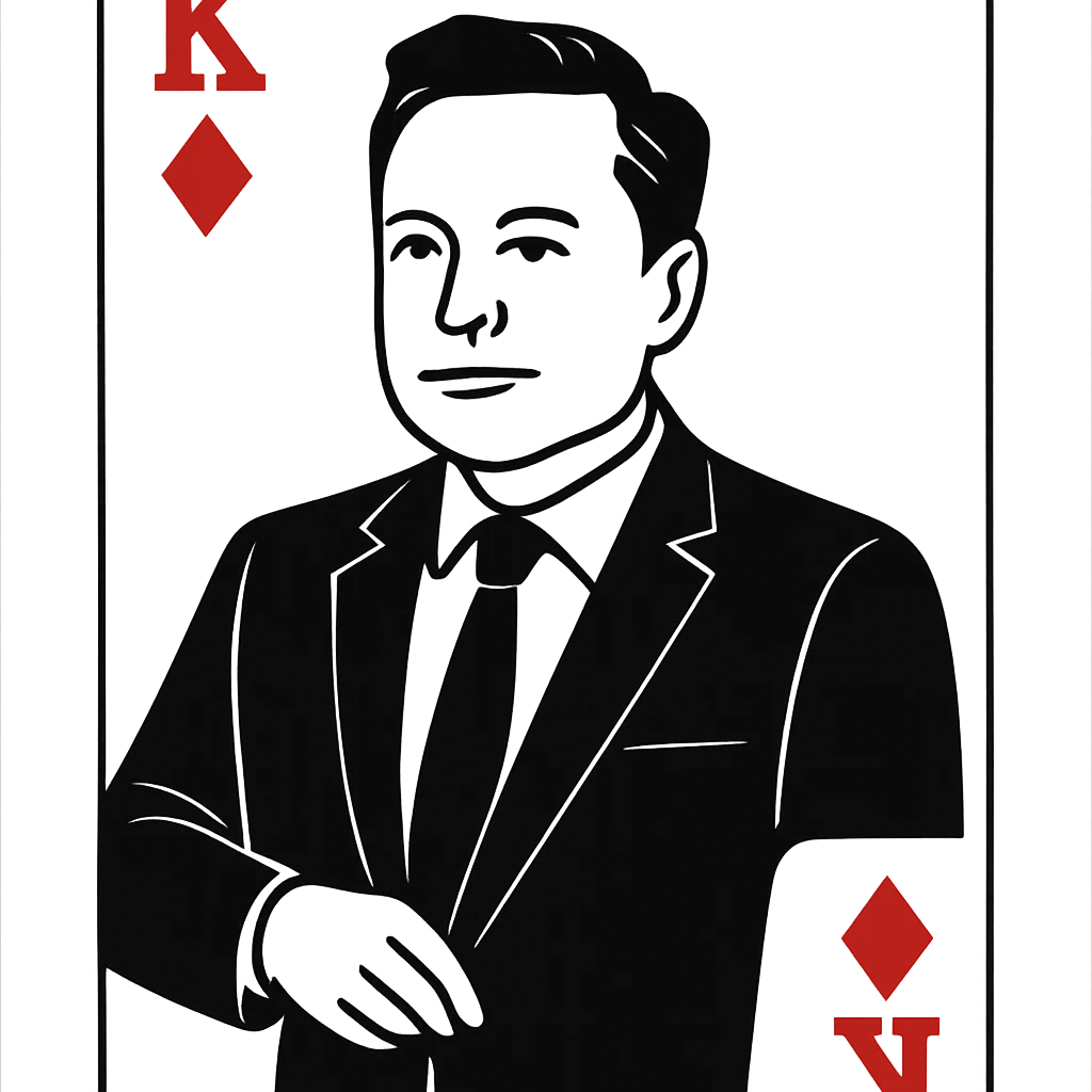 Elon Musk as a playing card character, minimalist line art, business suit, tech entrepreneur emoji