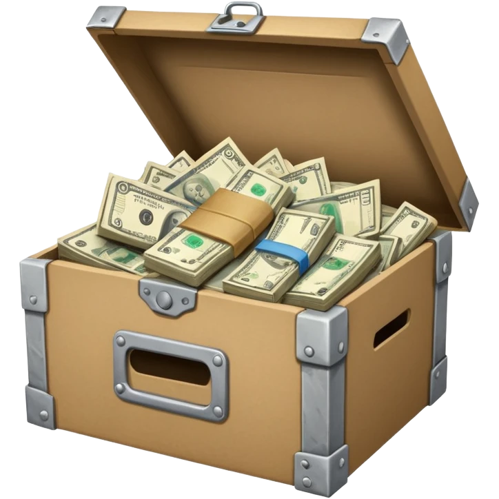 a bunch of miscellaneous stuff in a box, with a small pile of cash note on the side, indicating that this box is for sale emoji