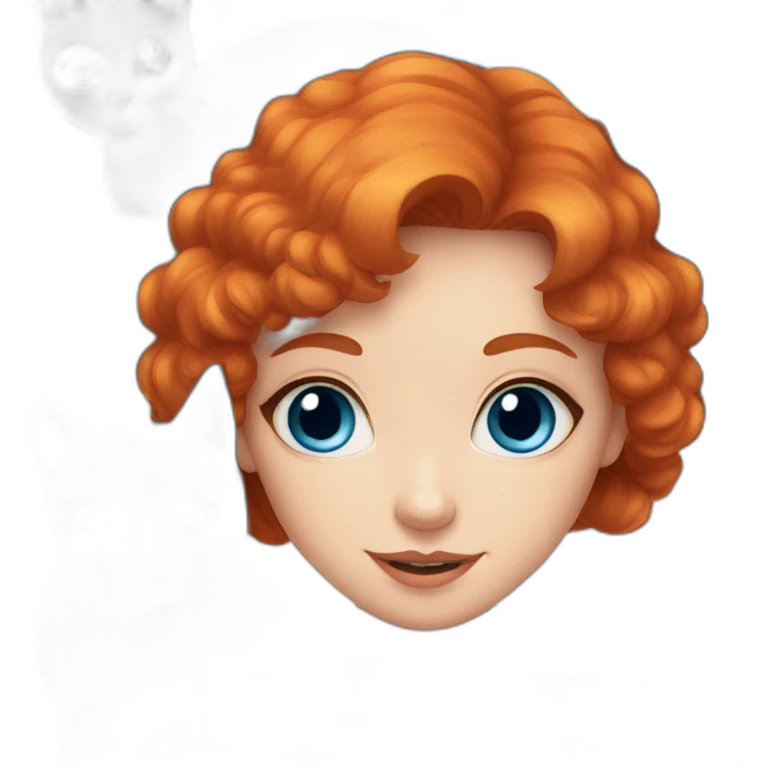 a red haired girl with blue eyes surrounded by 3 black cats emoji