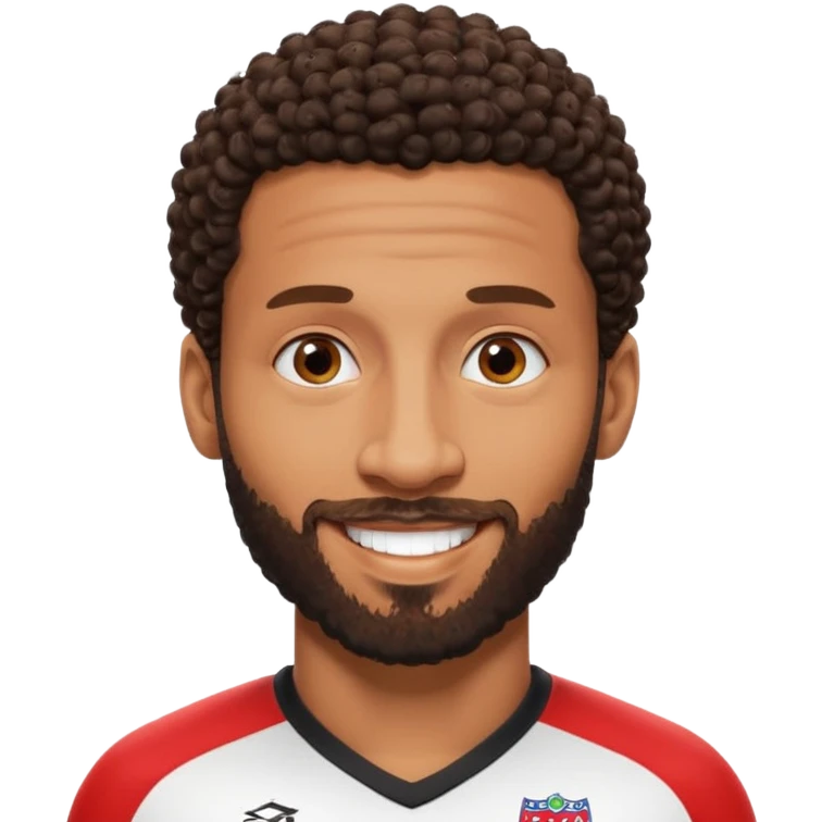 Black British footballer with short tight curly hair and sharp fade, trimmed beard, smiling confident expression, inspired by Rio Ferdinand's real-life appearance emoji
