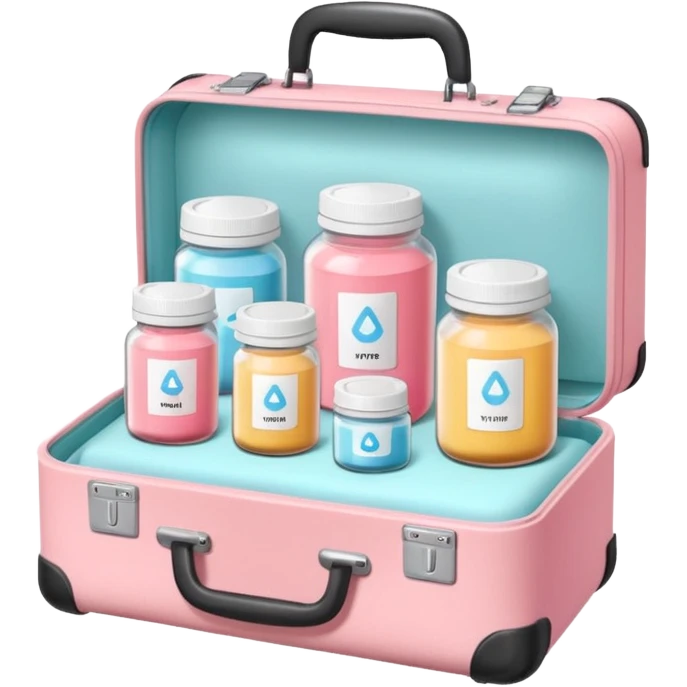 Transparent vitamins jar with blush electrolyte sachets displayed on a pastel pink suitcase emoji