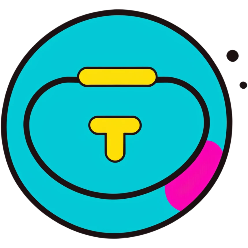 Minimalist sticker with white 'tt' letters on a black circle with cyan, magenta, and yellow dots below, cap with street style influence emoji