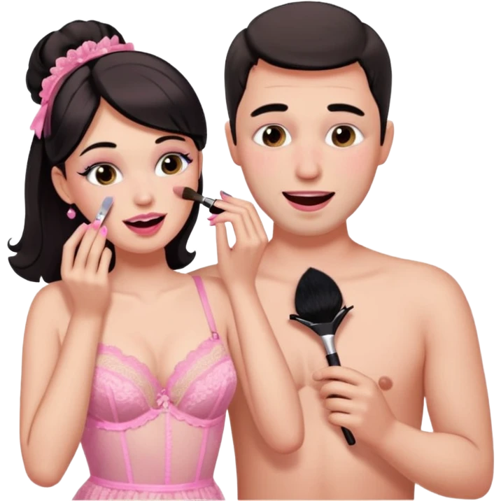 male getting sissified in lingerie dress by his wife. the wife is crying with laughter. she is doing the males makeup emoji