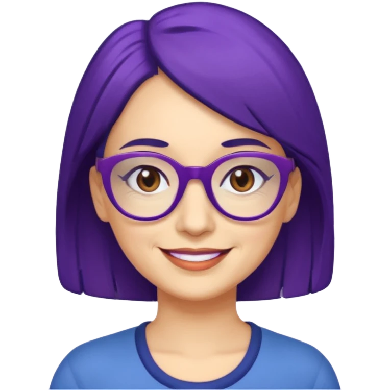 Cartoon 50-year-old youthful woman with purple glasses, brown eyes, and dark blue (not purple) hair to her shoulders. emoji