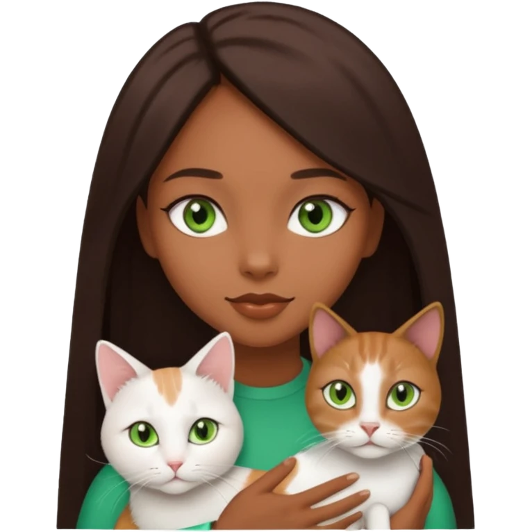 black girl with brown eyes with straight long dark brown hair with a side part holding a female white cat with green eyes emoji