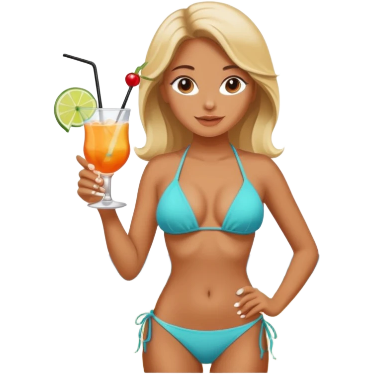 a girl enjoying herself  in beach wearing a sexy bikini with drink on her hand emoji