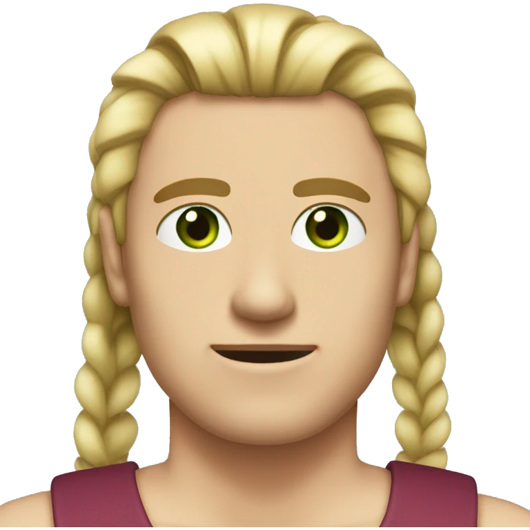 a man with long blond hair in a ponytail and parted in the middle, no beard, dark brown eyebrows, green eyes emoji