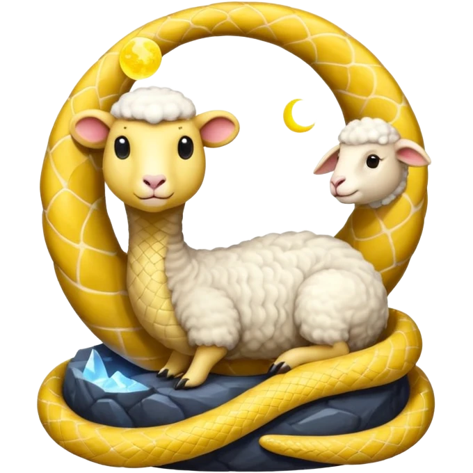 Snake watching a hologram of a sheep. Sheep is holding the Moon.  emoji