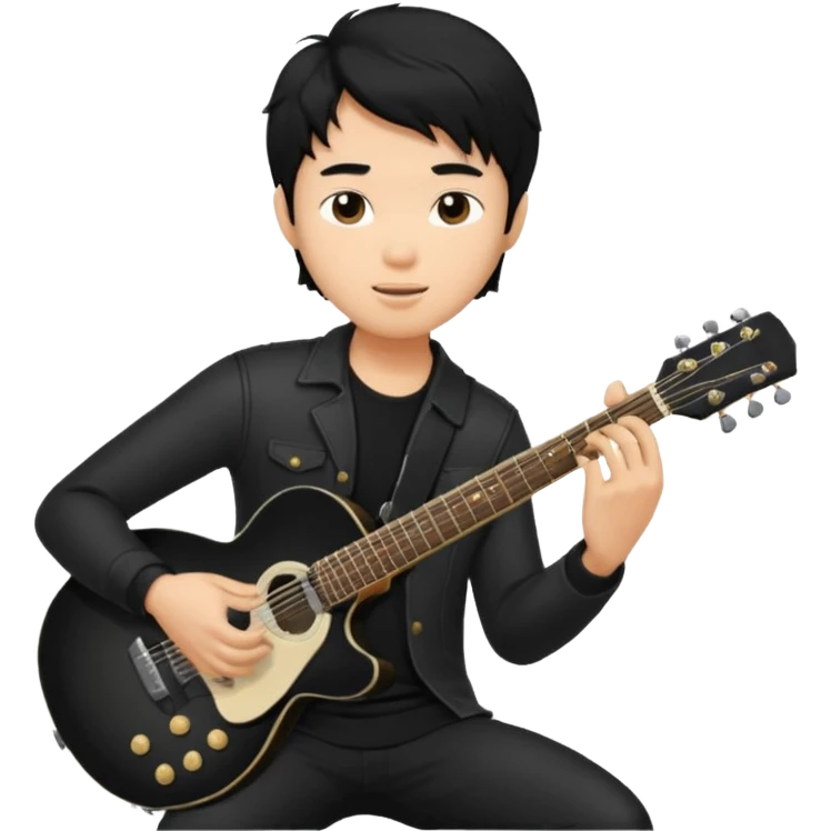 Asian guy with wavy hair in all black playing guitar emoji