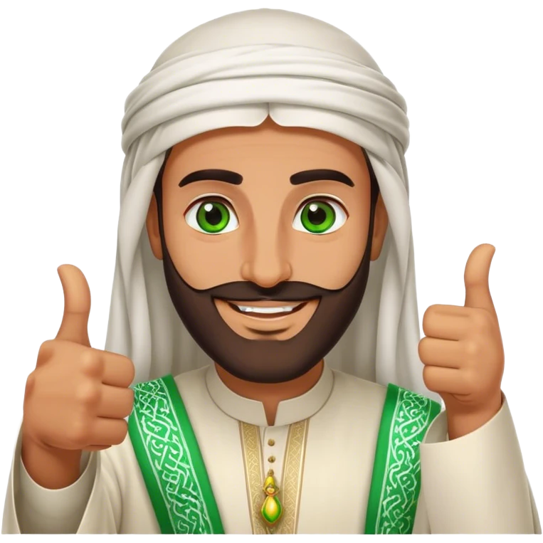 Tanned Arab Saudi man with green eyes and a beard, wearing traditional attire, smiling and giving a big thumbs-up emoji