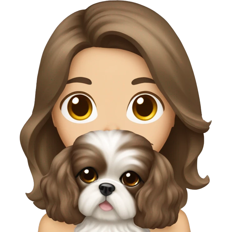 Young brunette hair woman with a cream shih tzu in her arms long wavy hair emoji