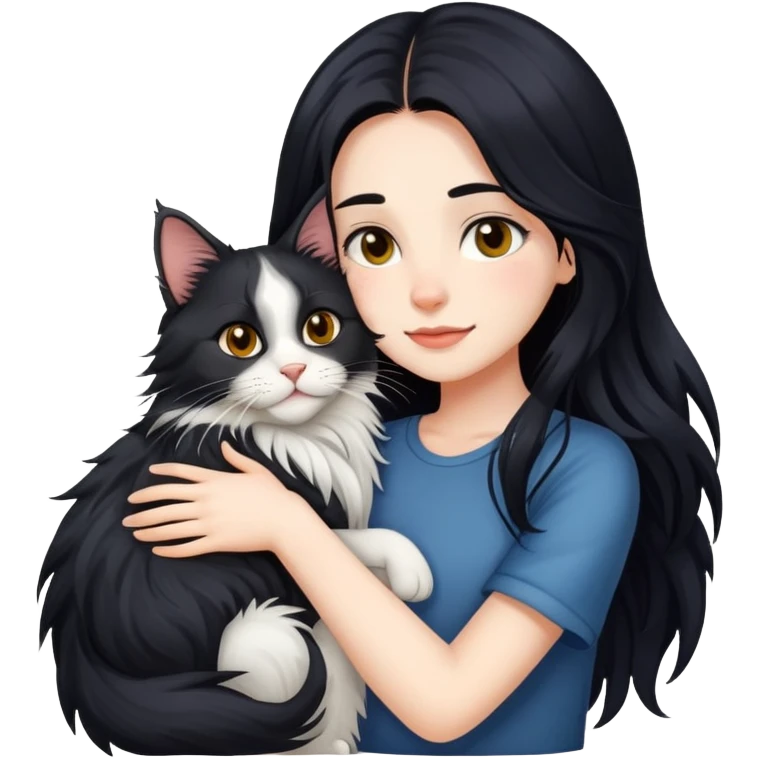 Beautiful girl with fair skin and long black hair hugs Maine Coon cat emoji