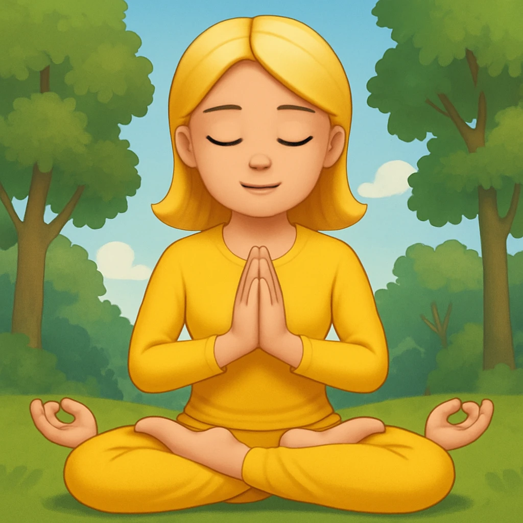 Add a peaceful nature background with trees and sky behind the meditating emoji, keep the classic emoji style emoji