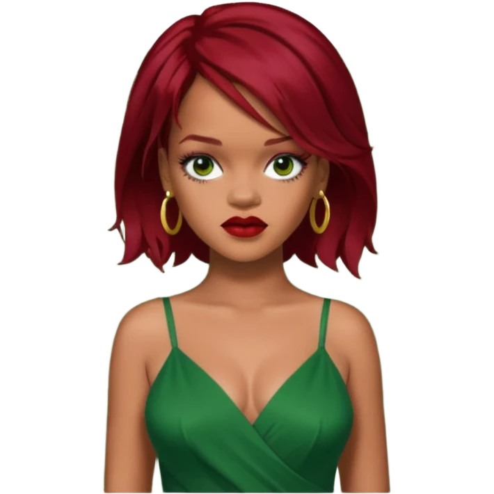 Rihanna dark red hair, green dress emoji