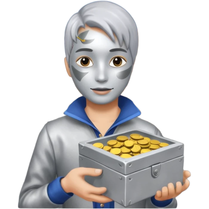 Living statue (silver paint),Street Performers,background street setup, with coins box emoji