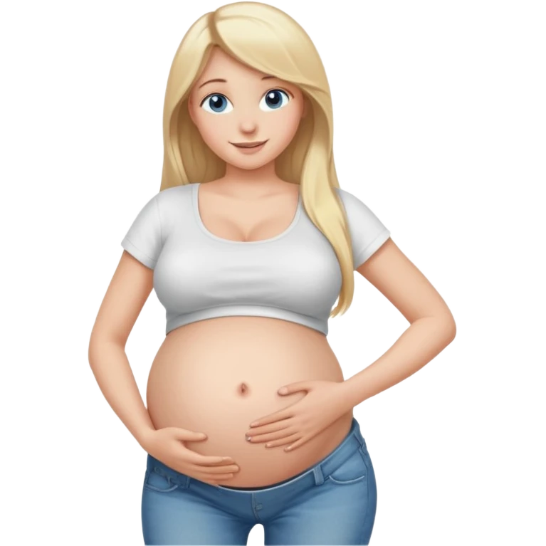 White girl, 18, long blonde hair, blue eyes, white crop top, jeans, huge pregnant belly, big boobs, side view, skinny, bare midriff, smiling emoji