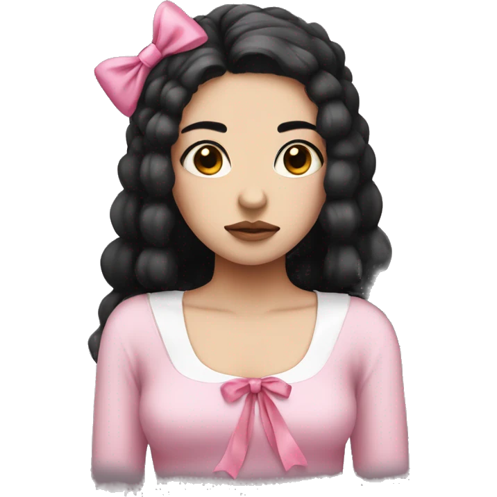 sad girl with white skin and black hair with a pink bow on her head emoji