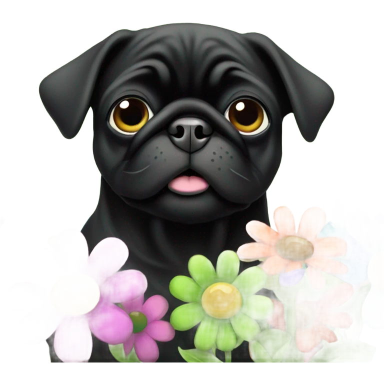 Black pug , surrounded by flowers, holding a green sign that says “good luck”  emoji