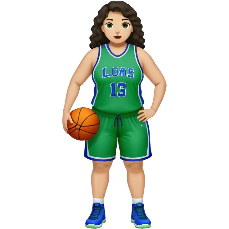 full body plus size light skin latino women basketball player with wavy dark hair large wide nose wearing blue with green uniform emoji