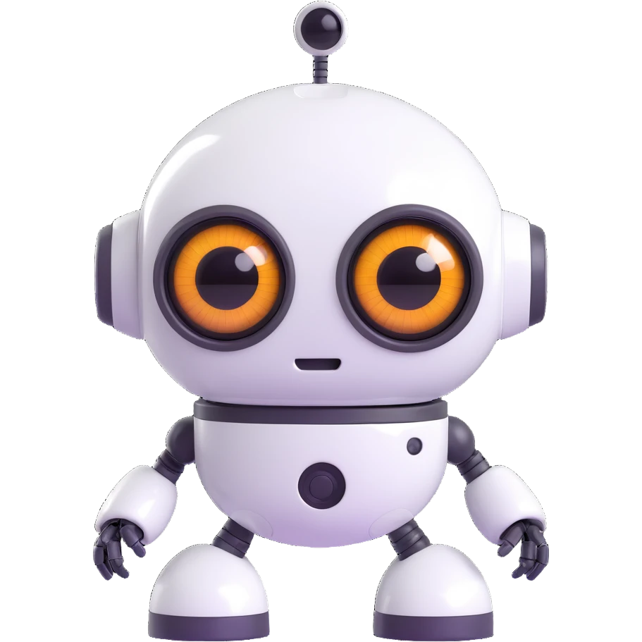 Friendly robot with big expressive eyes — round head, glossy finish, slightly clumsy but charming, cute (think Wall-E meets Baymax). emoji