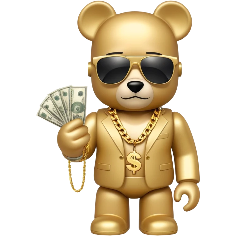 hustler bearbrick toy figure wearing gold chain, sunglasses and money emoji