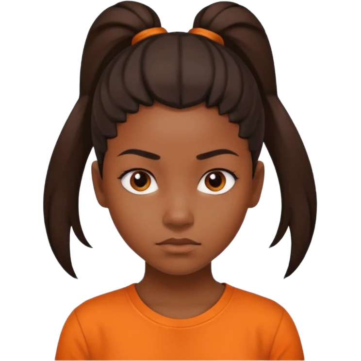black girl with pony tail and orange shirt serious look emoji
