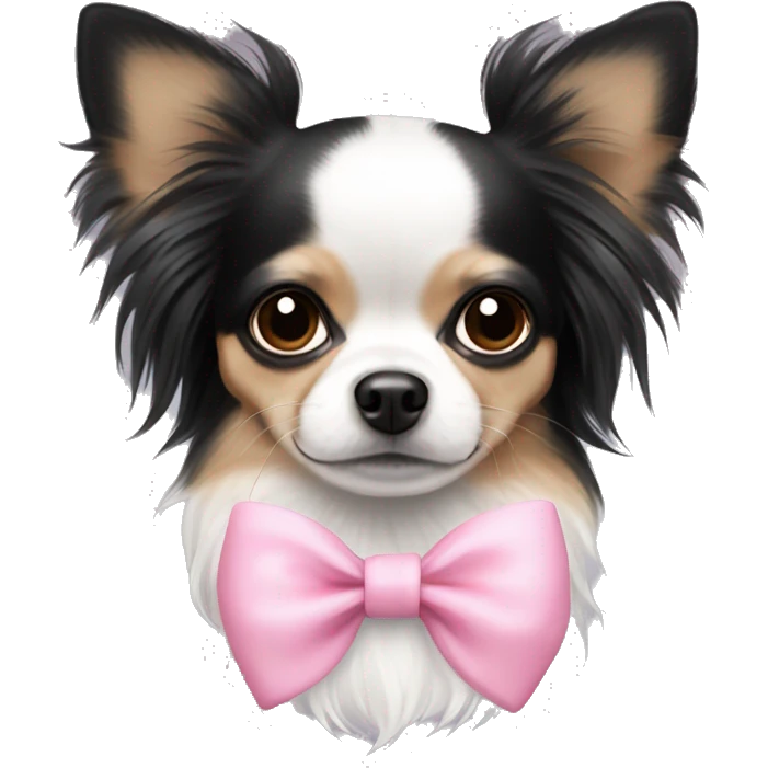 black with white long haired chihuahua with white stripe on forhead a cute pink bow emoji