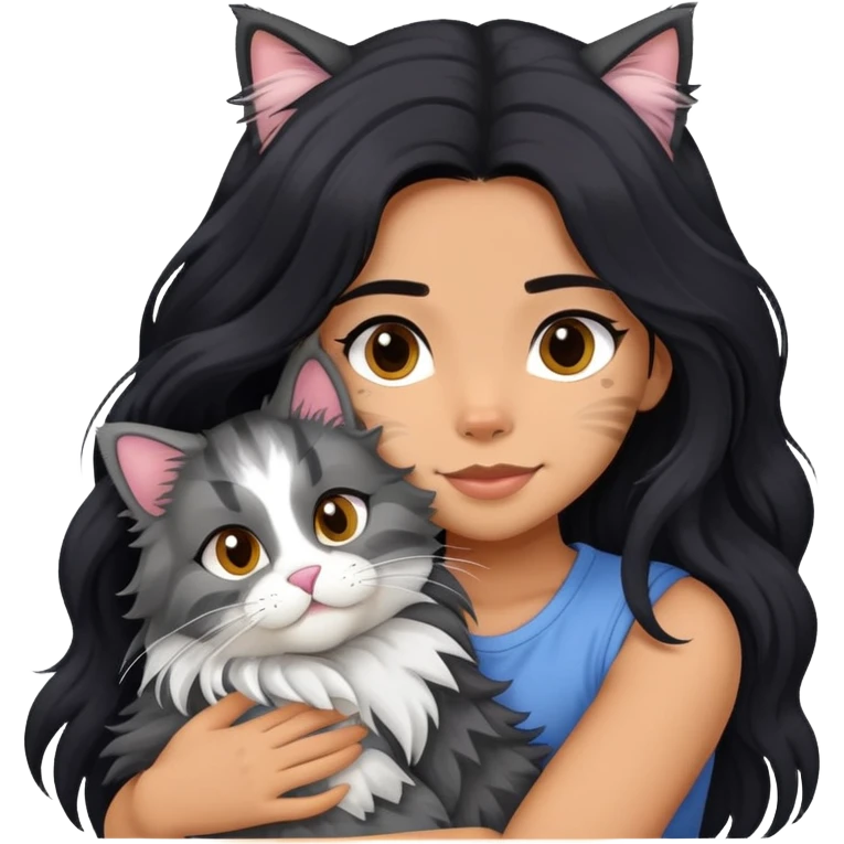 Girl with long black hair hugging a gray fluffy plush toy and a tricolor Maine Coon cat emoji