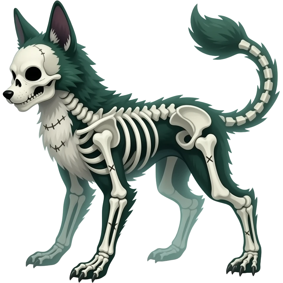 Bloody gory spectral spooky dark bleak blackish swampy white-skeletal gloomy ghostly dark greyish dark-deep-greenish foggy eldritch beautiful realistic edgy fantasy ghoul-like stitched vernid-sergal-fursona animal creature with a tufted tail full body with intricate markings emoji