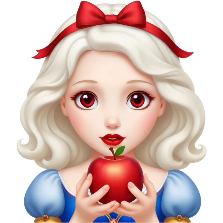 Cinematic Elegant Snow White Portrait Emoji, Delicately holding a red apple, eyes glimmering with mystery, soft curls perfectly placed, her royal presence glowing with a warm, enchanting charm! emoji