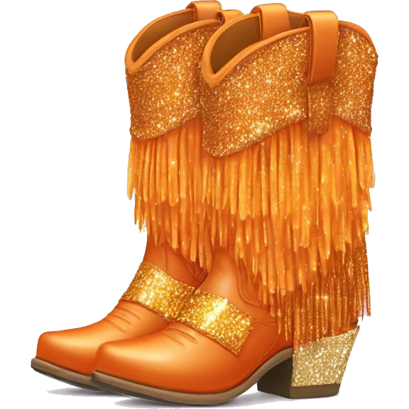 Realistic orange pair of fashion cowgirl boots with sparkly shiny glitter fringe on them. emoji