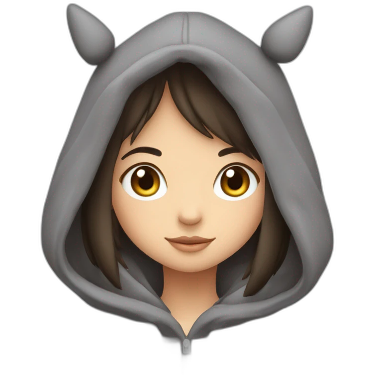 Fille Brune avec un sweat-capuche Totoro gris foncé avec les rond clair de Totoro sur ventre  emoji