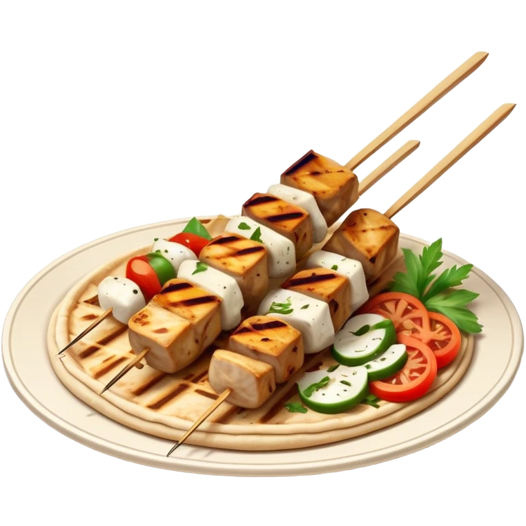 cinematic-realistic-souvlaki-dish-emoji,-showcasing-skewered,-grilled-chicken-with-mediterranean-spices-rendered-with-dynamic-textures-and-warm,-appetizing-lighting on pita bread on a plate emoji