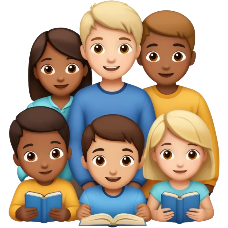 group of children listening to a story, happy and engaged emoji