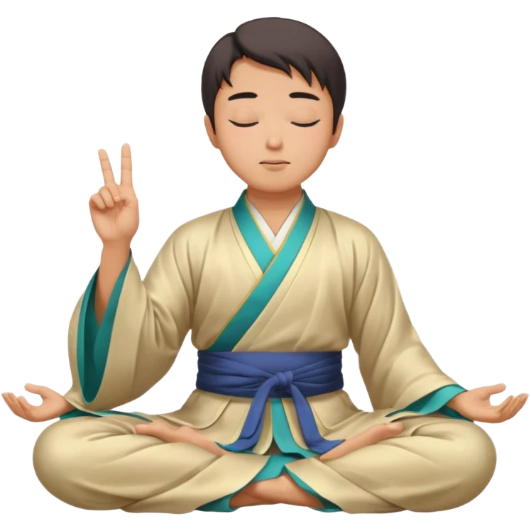 man in hanfu closing sitting in lotus pose, pointing one finger to sky as wisdom gesture emoji