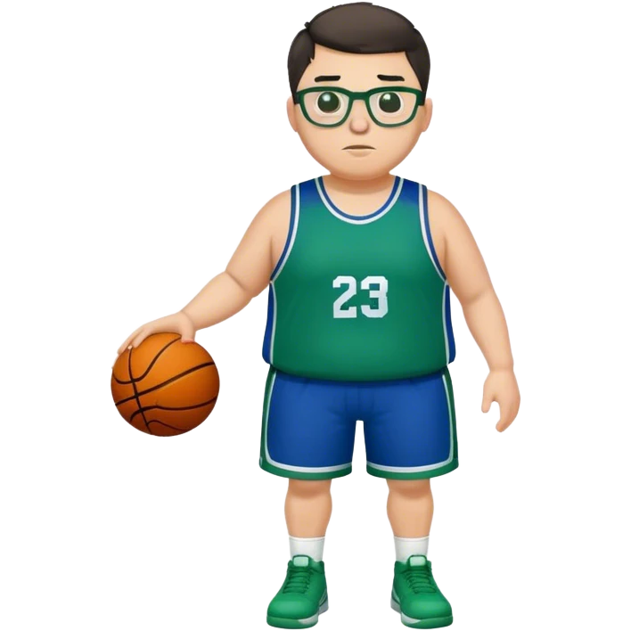 Full Body plus size white male with dark short hair basketball player wearing glasses wearing blue green uniform emoji