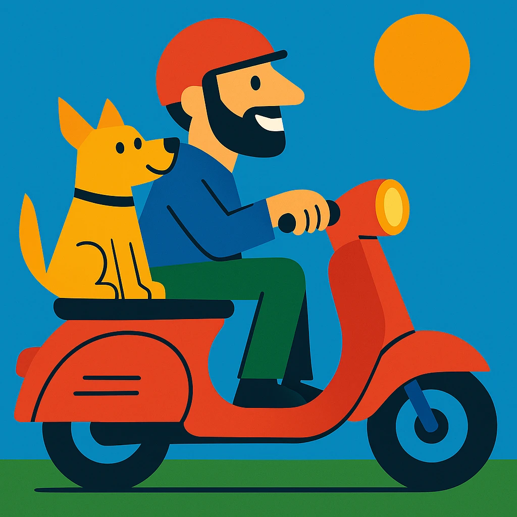man and his pet dog riding a vespa emoji