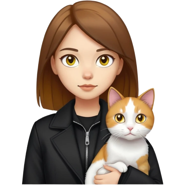 Light-skinned girl with brown straight hair wearing a black jacket, with a pure white cat with yellow eyes and a calico cat emoji