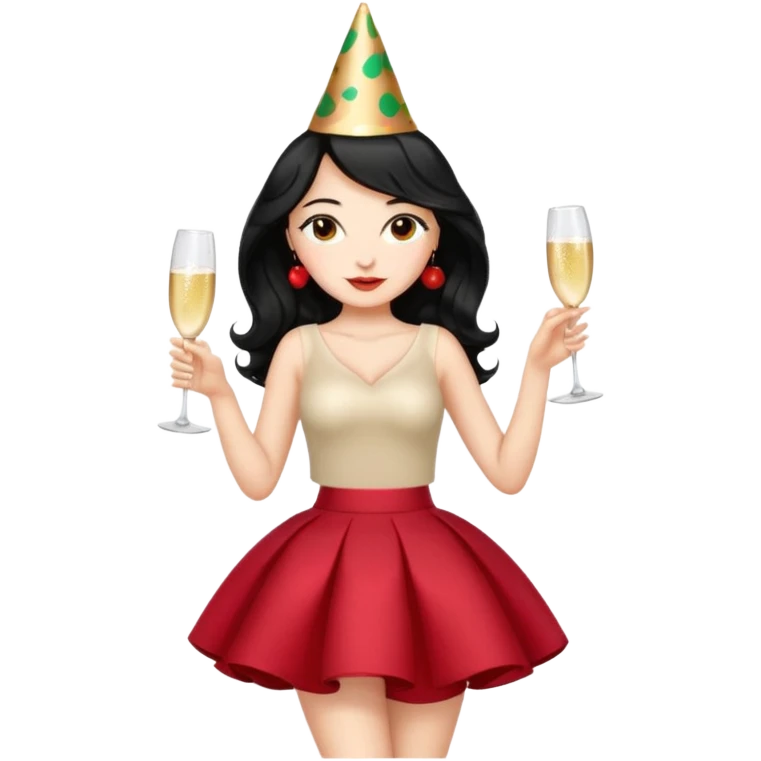 A woman with wavy black hair in a cherry skirt, beautiful and authoritative, drinking champagne emoji