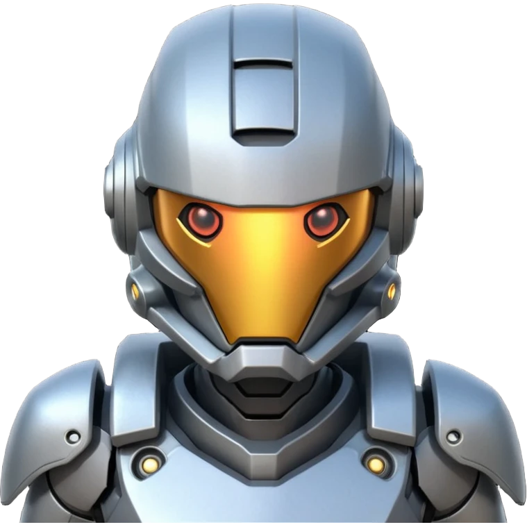 futuristic war robot portrait, head and shoulders only, glowing eyes, detailed helmet faceplate, armor collar, sci-fi metal textures, 3D cartoon, mobile game icon style, clean background, no text, no watermark
 emoji