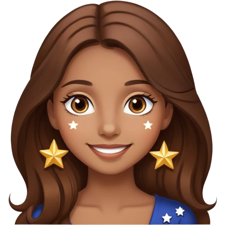 girl with long brown hair, stars in her eyes, brown eyes, beautiful smile, elegant  emoji