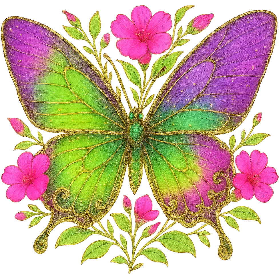 Use the last butterfly with gradient violet and #c0ff53 green colors. Add neon pink flowers and softly green leaves as in the example images. Maintain the luxurious effects and ensure the background is removed. The style should reflect a luxurious, elegant look with vibrant neon pink flowers and gentle green leaves. emoji