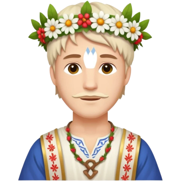 A guy with traditional clothes from midsummer festival, white tunica, flowers crown emoji