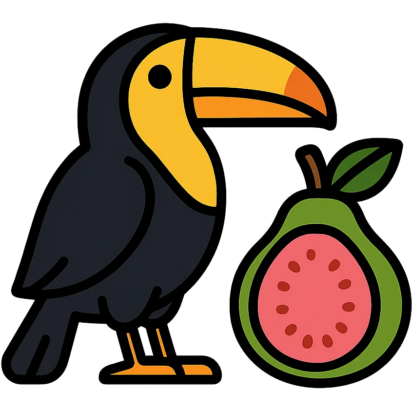 toucan standing next to a guava fruit emoji
