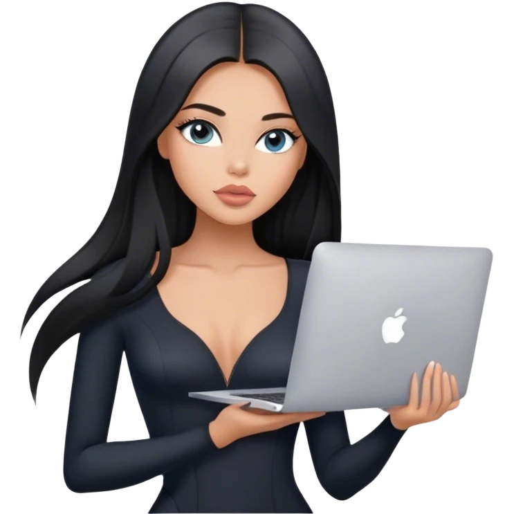 Glamours, tanned, very beautiful girl, with big pump peach-beige-rose lips, black straight smooth silky long hair, straight parting, blue-grey eyes, in black bodysuit holding MacBook emoji