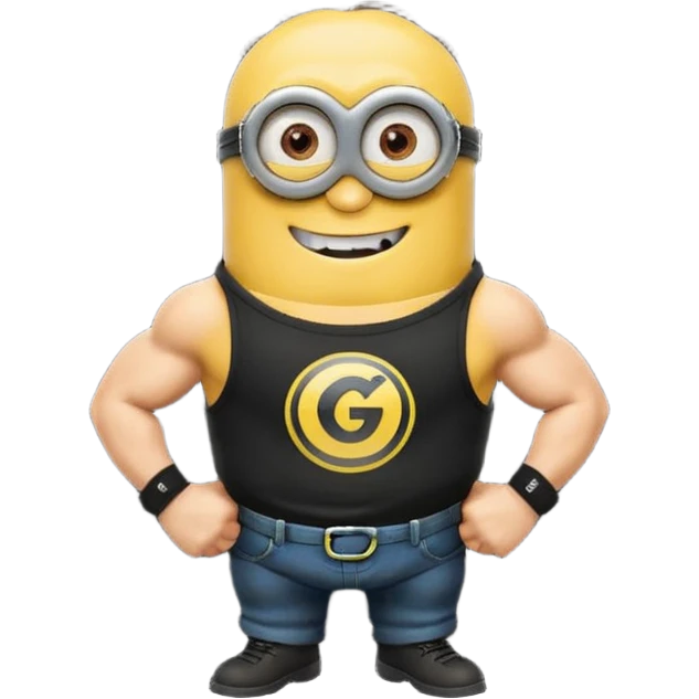 A buff minion wearing a black t shirt top with the words “never GOON” on the shirts chest area emoji