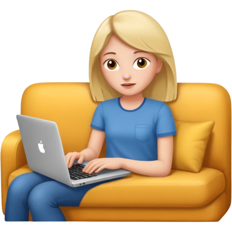 A girl is working with a laptop while lying on the sofa emoji