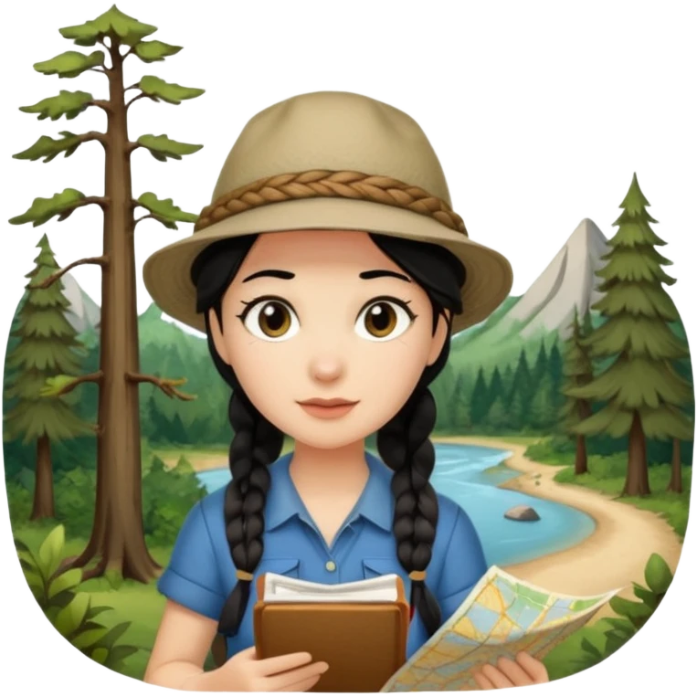 A braid black hair backpacking woman checking her map with curious eyes while wandering in the woods with camping hat emoji